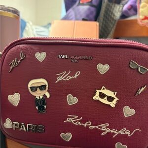 Karl Lagerfeld Maroon Crossbody Bag with Silver Accents